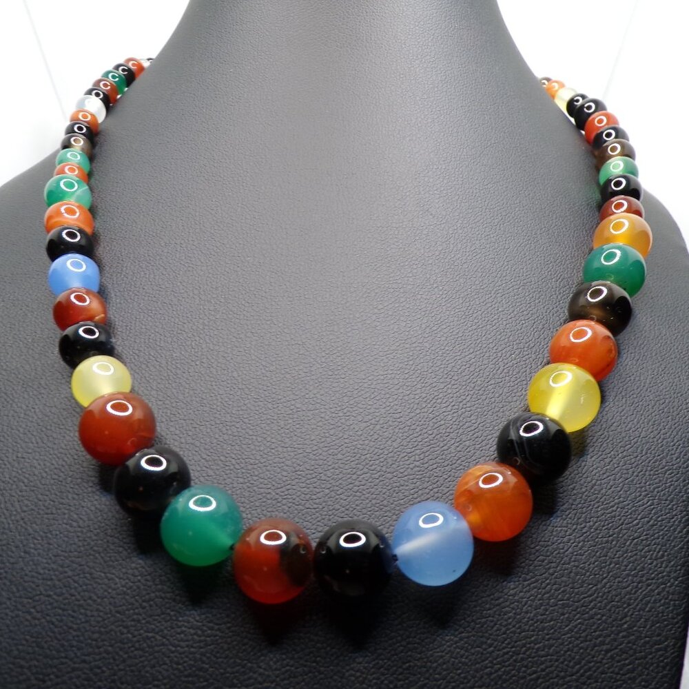 Multicolor Graduated Natural Agate Beaded Necklace SS Lobster Clasp 18" L